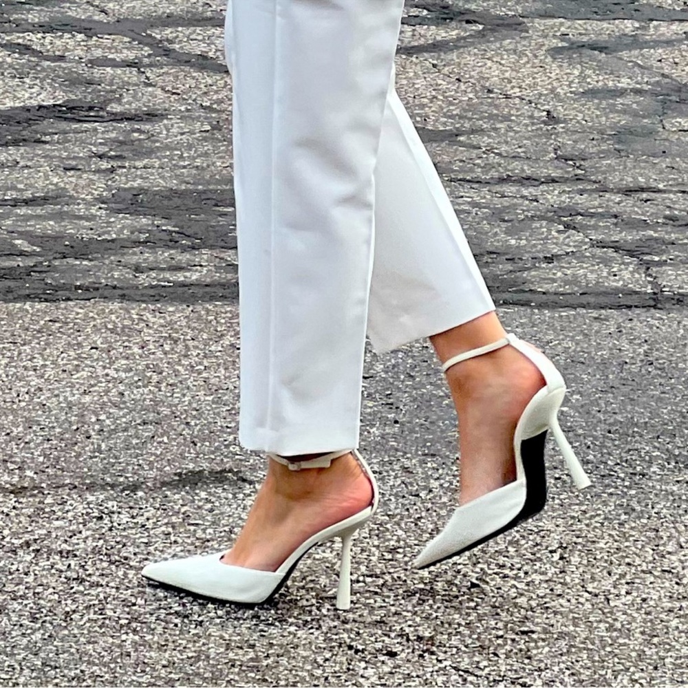 Zara White Pointed Ankle-Strap Stiletto Heels